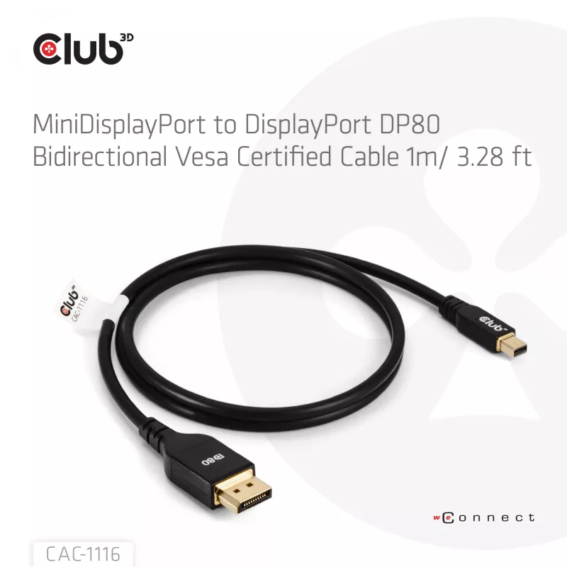CLUB3D Mini DisplayPort™ į DisplayPort™ dvikryptis VESA DP80 sertifikuotas laidas M/M 1m/3,28ft