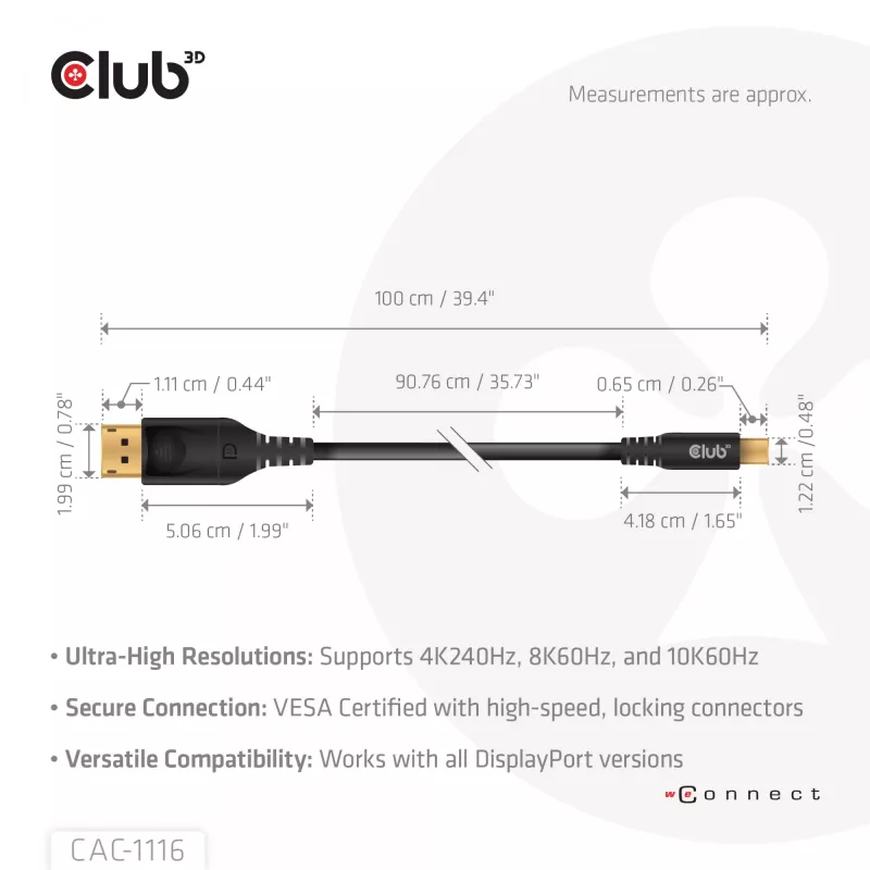 CLUB3D Mini DisplayPort™ į DisplayPort™ dvikryptis VESA DP80 sertifikuotas laidas M/M 1m/3,28ft
