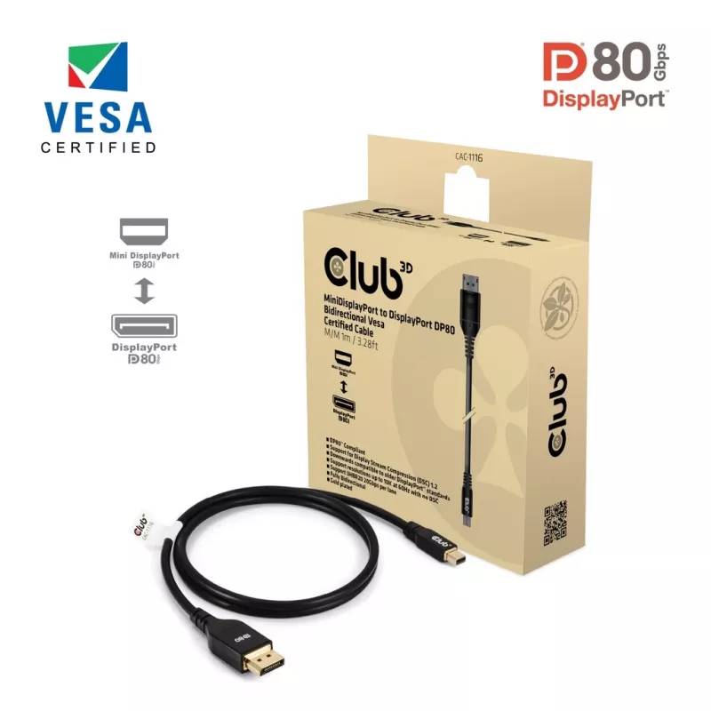 CLUB3D Mini DisplayPort™ į DisplayPort™ dvikryptis VESA DP80 sertifikuotas laidas M/M 1m/3,28ft