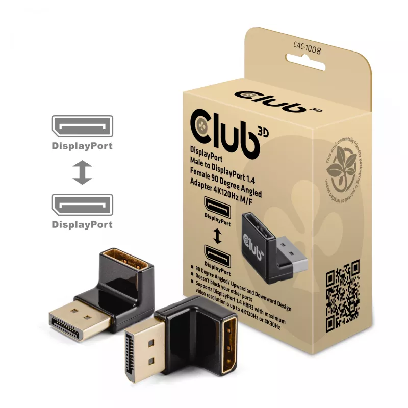 Adapteris Club 3D DisplayPort vyriškas į DisplayPort 1.4 moterišką 90° kampu, palaiko 4K@120Hz
