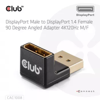 Adapteris Club 3D DisplayPort vyriškas į DisplayPort 1.4 moterišką 90° kampu, palaiko 4K@120Hz