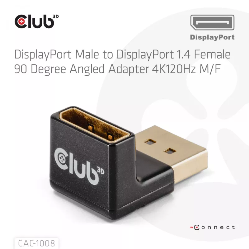 Adapteris Club 3D DisplayPort vyriškas į DisplayPort 1.4 moterišką 90° kampu, palaiko 4K@120Hz