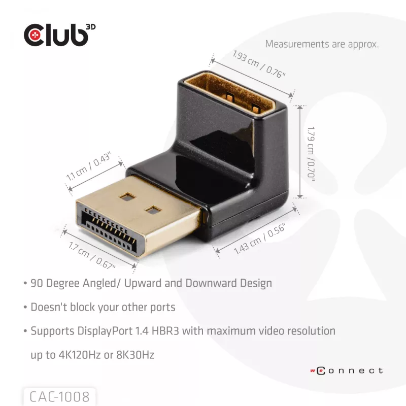 Adapteris Club 3D DisplayPort vyriškas į DisplayPort 1.4 moterišką 90° kampu, palaiko 4K@120Hz
