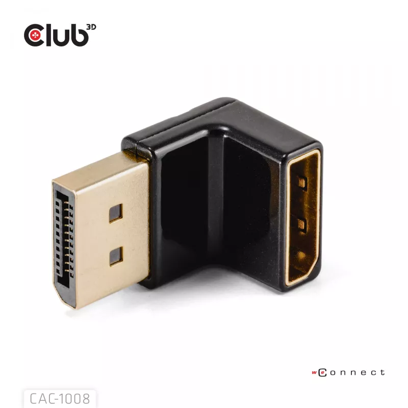Adapteris Club 3D DisplayPort vyriškas į DisplayPort 1.4 moterišką 90° kampu, palaiko 4K@120Hz