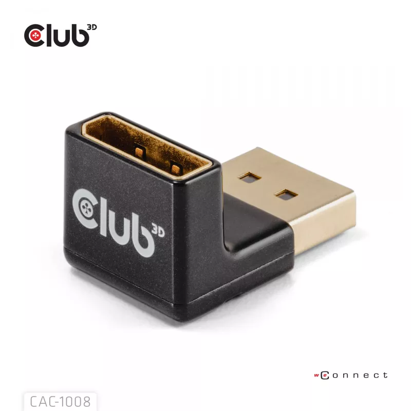 Adapteris Club 3D DisplayPort vyriškas į DisplayPort 1.4 moterišką 90° kampu, palaiko 4K@120Hz