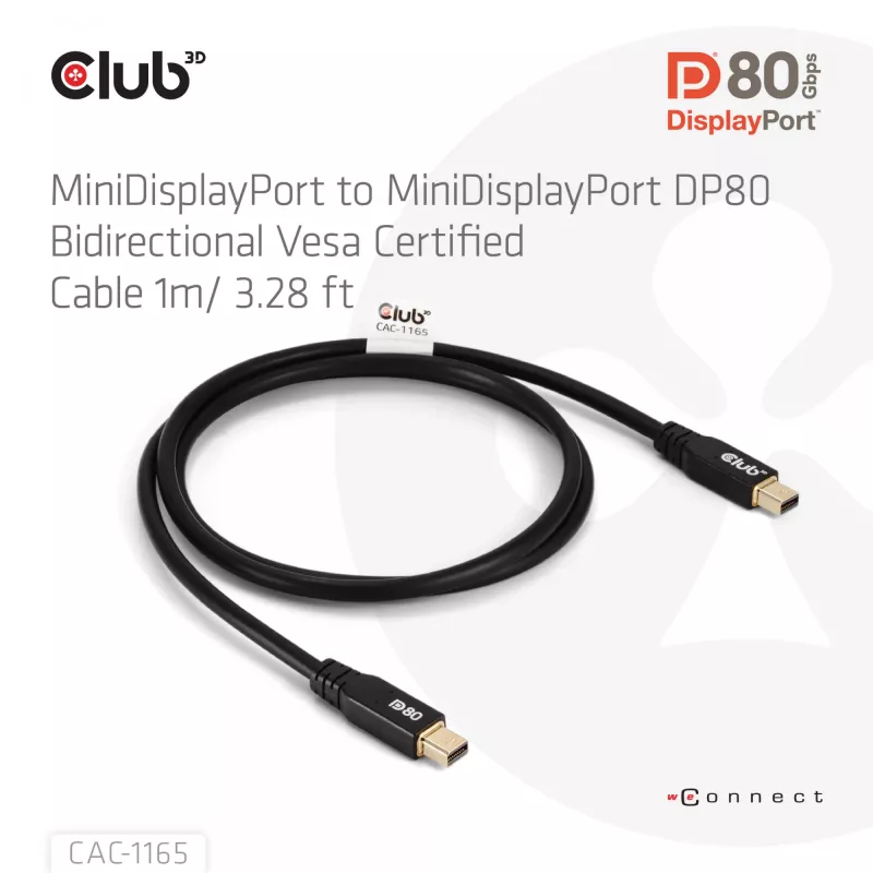 CLUB3D MiniDisplayPort™ į MiniDisplayPort dvikryptis VESA DP80 sertifikuotas kabelis M/M 1m/3.28ft