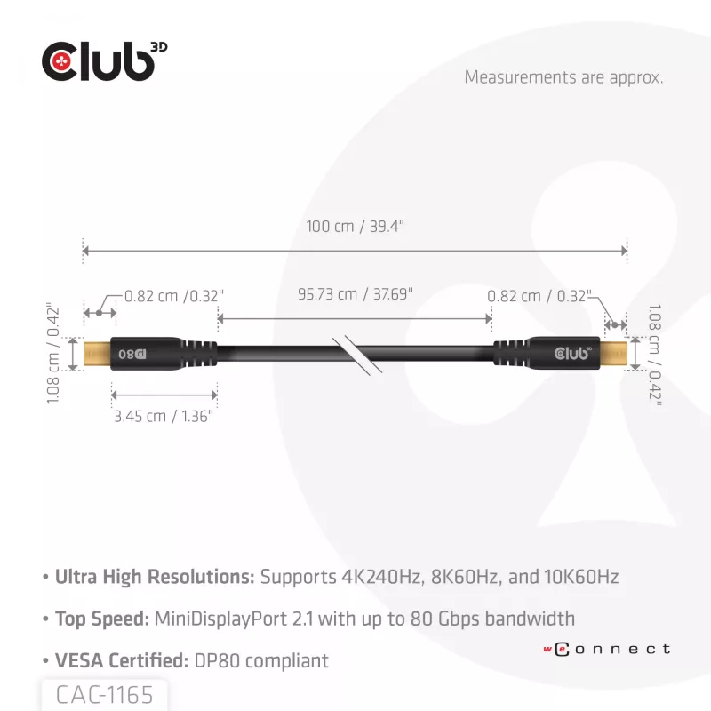 CLUB3D MiniDisplayPort™ į MiniDisplayPort dvikryptis VESA DP80 sertifikuotas kabelis M/M 1m/3.28ft