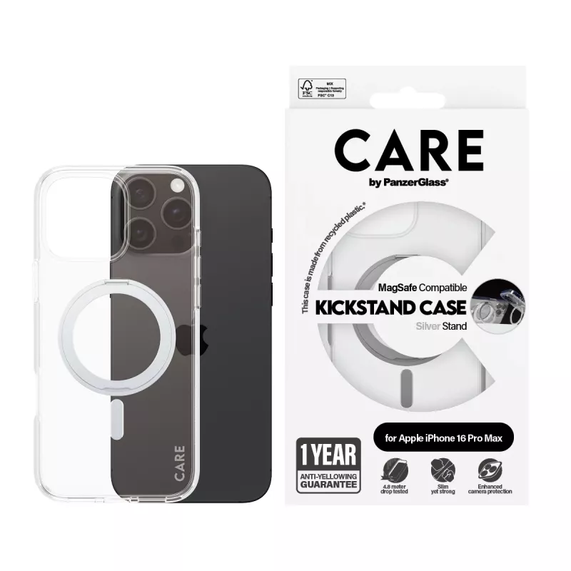 PanzerGlass CARE™ by ® Dėklas Skaidrus su Sidabriniu Pėdeliu ir MagSafe iPhone 16 Pro Max