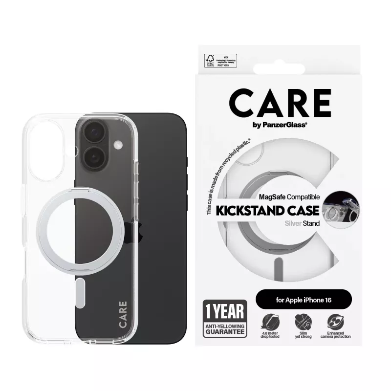 PanzerGlass CARE™ by ® Dėklas Skaidrus su Sidabriniu Stovu ir MagSafe iPhone 16