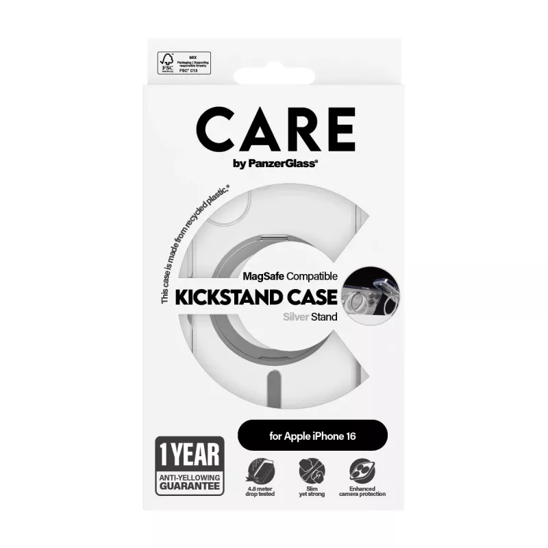 PanzerGlass CARE™ by ® Dėklas Skaidrus su Sidabriniu Stovu ir MagSafe iPhone 16
