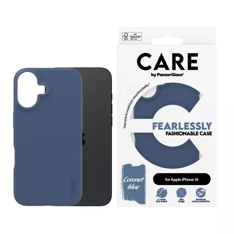 PanzerGlass CARE by Fashionable Case Blue iPhone 16 – mėlynas permatomas dėklas