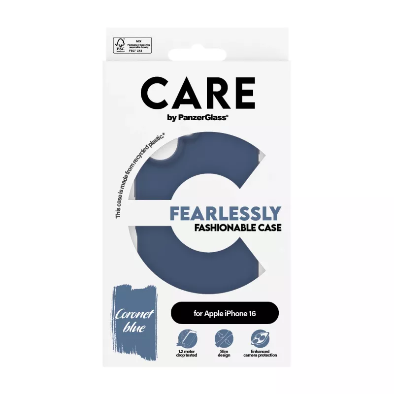 PanzerGlass CARE by Fashionable Case Blue iPhone 16 – mėlynas permatomas dėklas