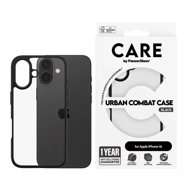 PanzerGlass CARE™ by ® Urban Combat Case Skaidrus su Juodu Rėmeliu iPhone 16