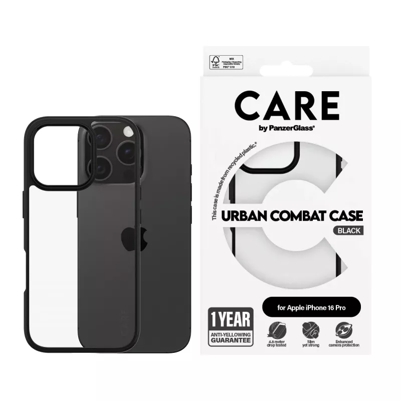 PanzerGlass CARE™ by ® Urban Combat Case Skaidrus su Juodu Rėmeliu iPhone 16 Pro