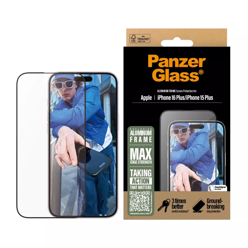 PanzerGlass ® Screen Protector Aliumininis Rėmelis iPhone 16 Plus | 15 Plus | Ultra-Wide Fit