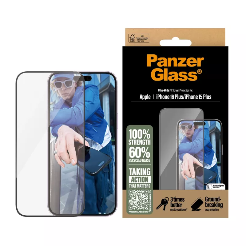 PanzerGlass® ekrano apsauga iPhone 16 Plus | 15 Plus | Ultra-Wide Fit
