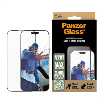 PanzerGlass ® Ekrano apsauga su aliuminio rėmeliu iPhone 16 Pro Max | Ultra-Wide Fit