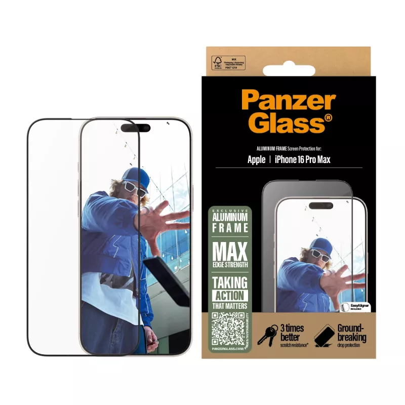 PanzerGlass ® Ekrano apsauga su aliuminio rėmeliu iPhone 16 Pro Max | Ultra-Wide Fit