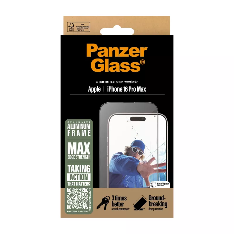 PanzerGlass ® Ekrano apsauga su aliuminio rėmeliu iPhone 16 Pro Max | Ultra-Wide Fit