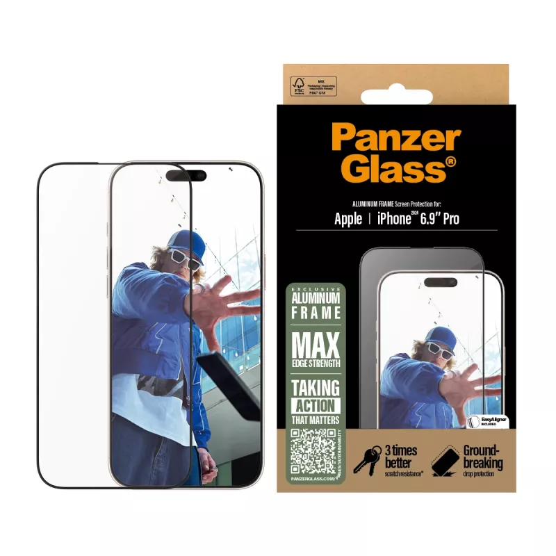 PanzerGlass ® Ekrano apsauga su aliuminio rėmeliu iPhone 16 Pro Max | Ultra-Wide Fit