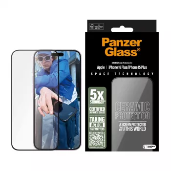 PanzerGlass® Keraminis ekrano apsauginis stiklas iPhone 16 Plus | 15 Plus Ultra-Wide Fit su EasyAligner