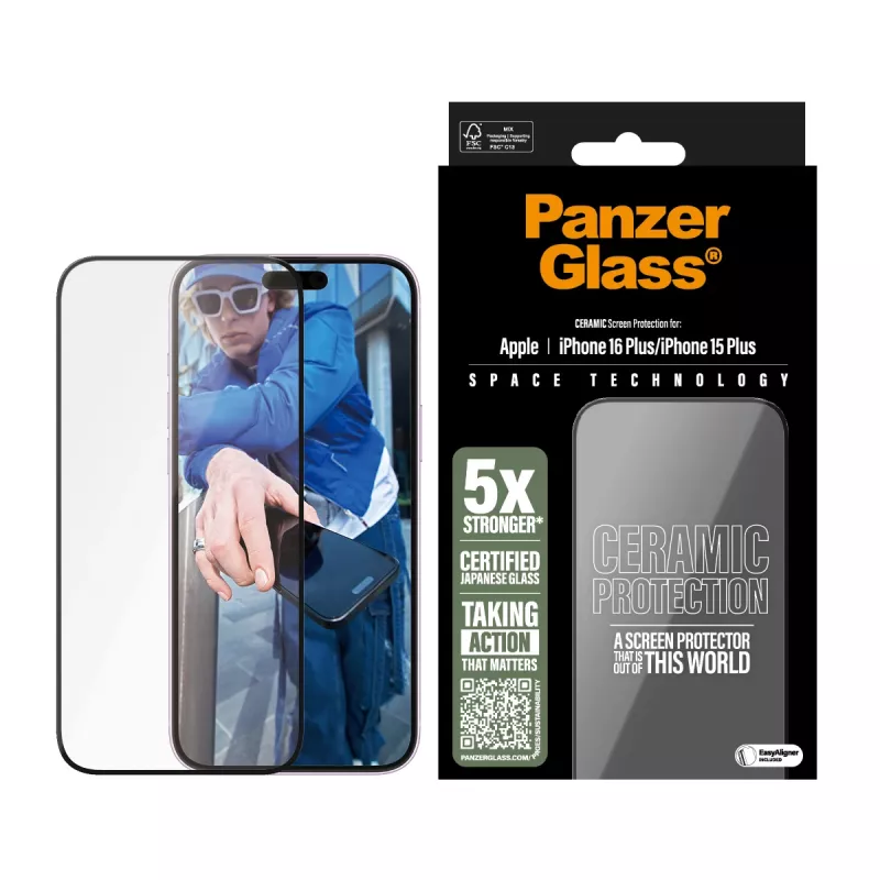 PanzerGlass® Keraminis ekrano apsauginis stiklas iPhone 16 Plus | 15 Plus Ultra-Wide Fit su EasyAligner