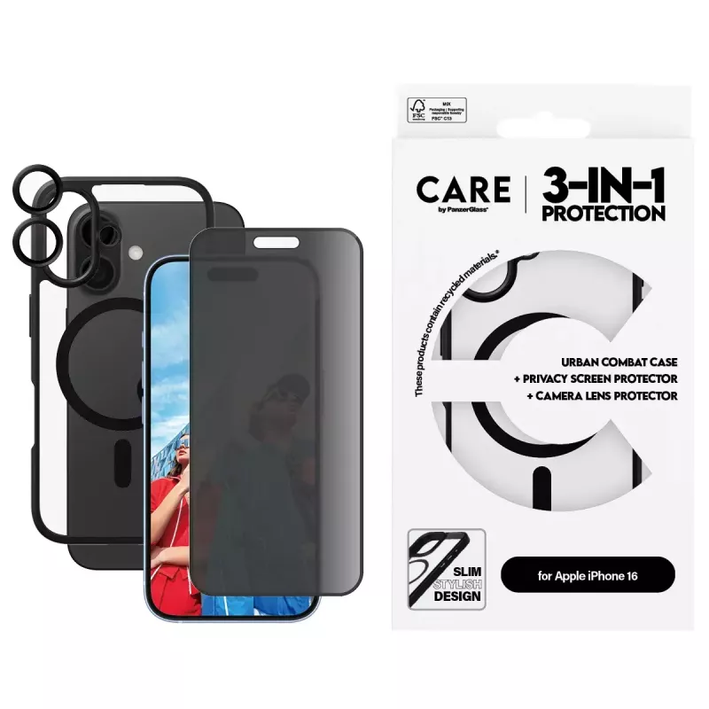 PanzerGlass® CARE by® Flagship 3-in-1 Privatumo rinkinys iPhone 16