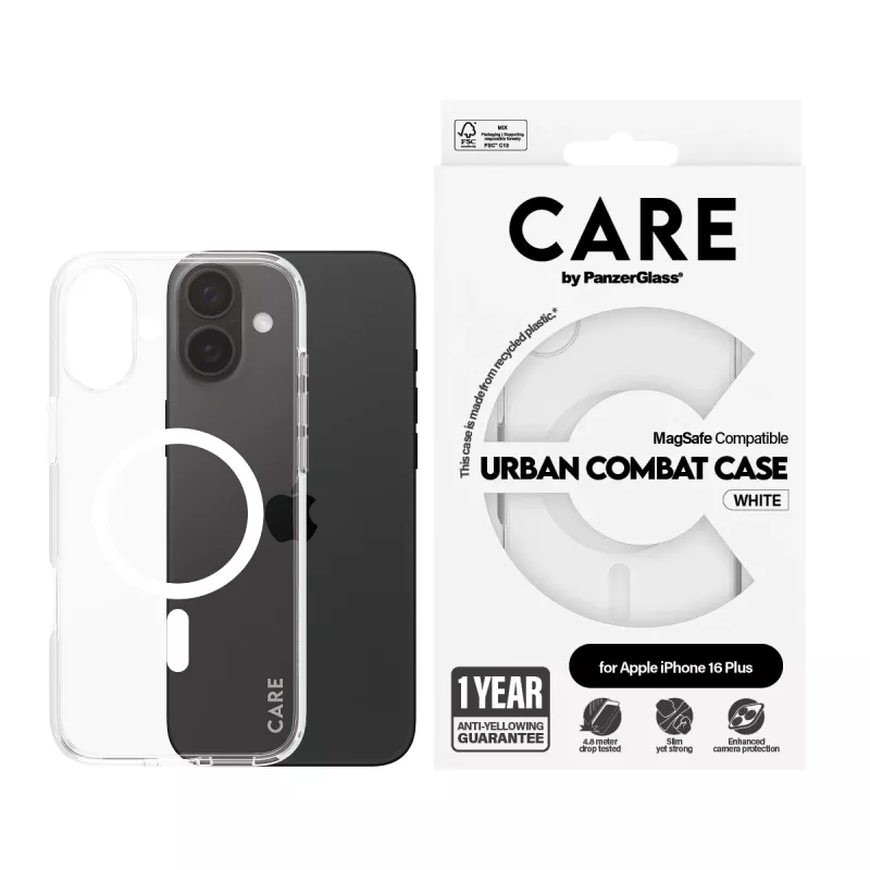 PanzerGlass CARE™ by ® Urban Combat Case Skaidrus su Balta MagSafe iPhone 16 Plus