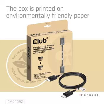 CLUB3D DisplayPort™ 2.1 abipusis VESA DP80 sertifikuotas kabelis 4K240Hz, 8K60Hz arba 10K60Hz M/M 1,6m/5,25ft