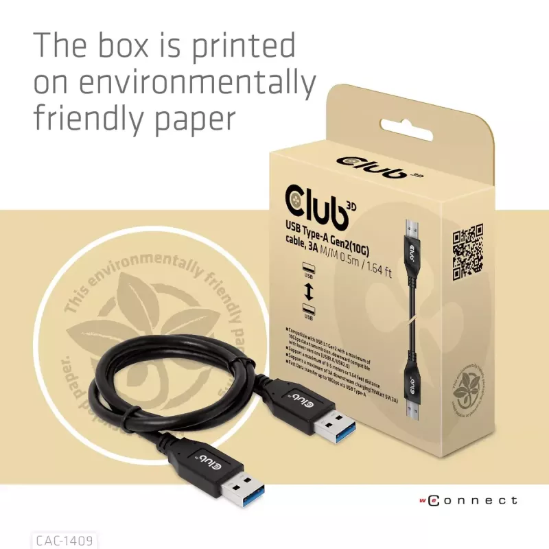 CLUB3D USB Type-A Gen2 (10G) laidas, 3A M/M 0,5 m / 1,64 pėdos