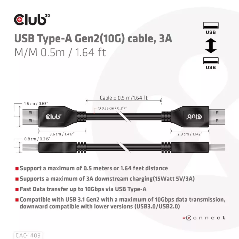 CLUB3D USB Type-A Gen2 (10G) laidas, 3A M/M 0,5 m / 1,64 pėdos