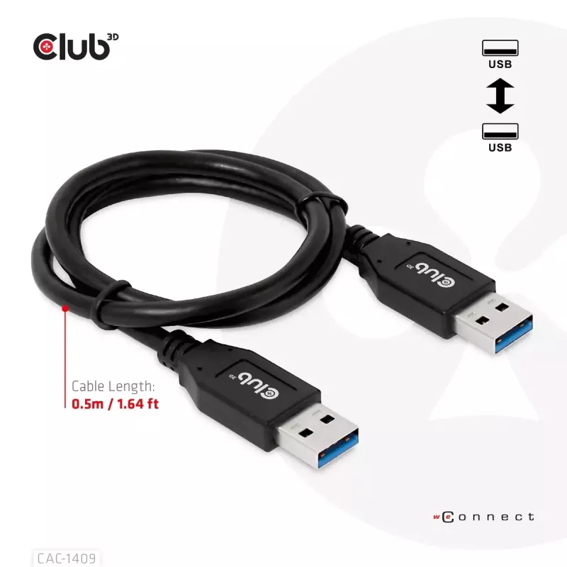 CLUB3D USB Type-A Gen2 (10G) laidas, 3A M/M 0,5 m / 1,64 pėdos