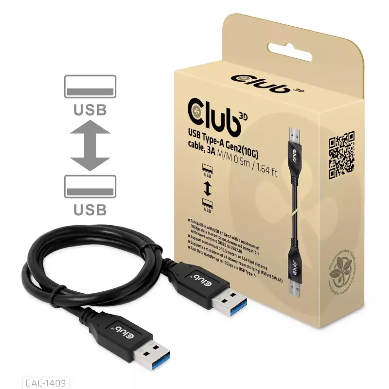 CLUB3D USB Type-A Gen2 (10G) laidas, 3A M/M 0,5 m / 1,64 pėdos