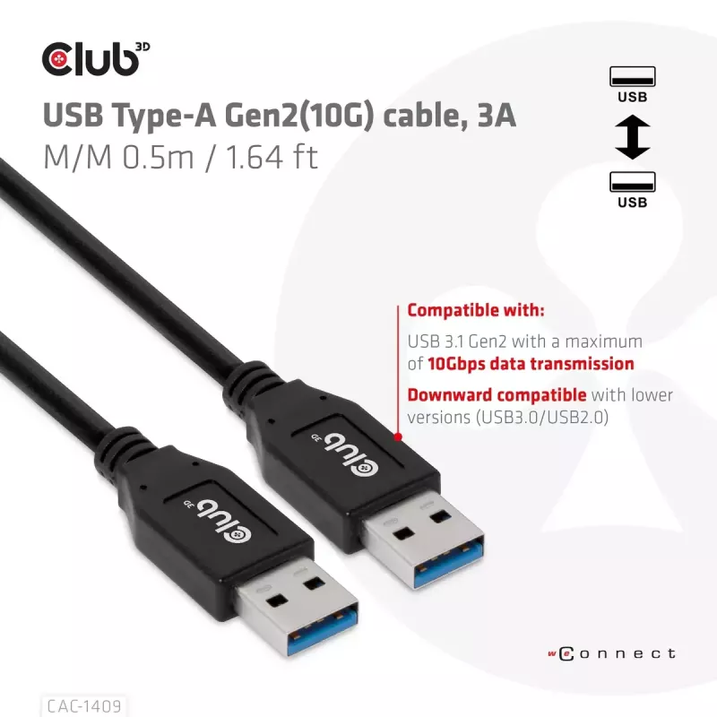 CLUB3D USB Type-A Gen2 (10G) laidas, 3A M/M 0,5 m / 1,64 pėdos