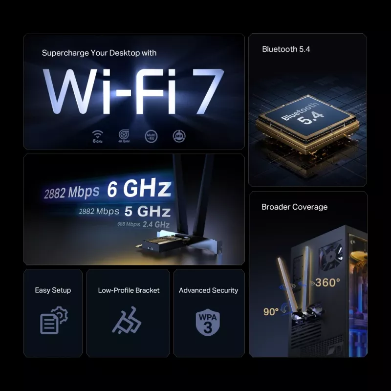 TP-Link BE6500 vidinis WLAN/Bluetooth adapteris, 2880 Mbit/s, trijų juostų Wi-Fi 7