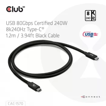 USB Type-C laidas CLUB3D CAC-1570 1,2 m — 80 Gbps, 240 W, palaiko 8K @ 240 Hz, juodas