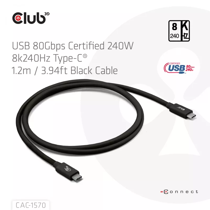 USB Type-C laidas CLUB3D CAC-1570 1,2 m — 80 Gbps, 240 W, palaiko 8K @ 240 Hz, juodas
