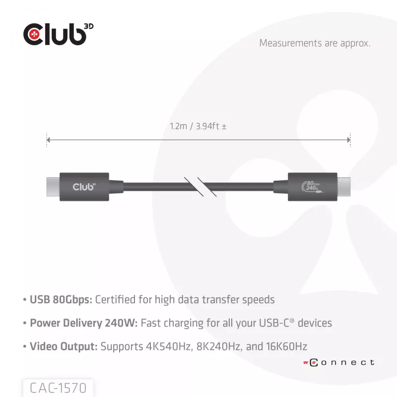 USB Type-C laidas CLUB3D CAC-1570 1,2 m — 80 Gbps, 240 W, palaiko 8K @ 240 Hz, juodas
