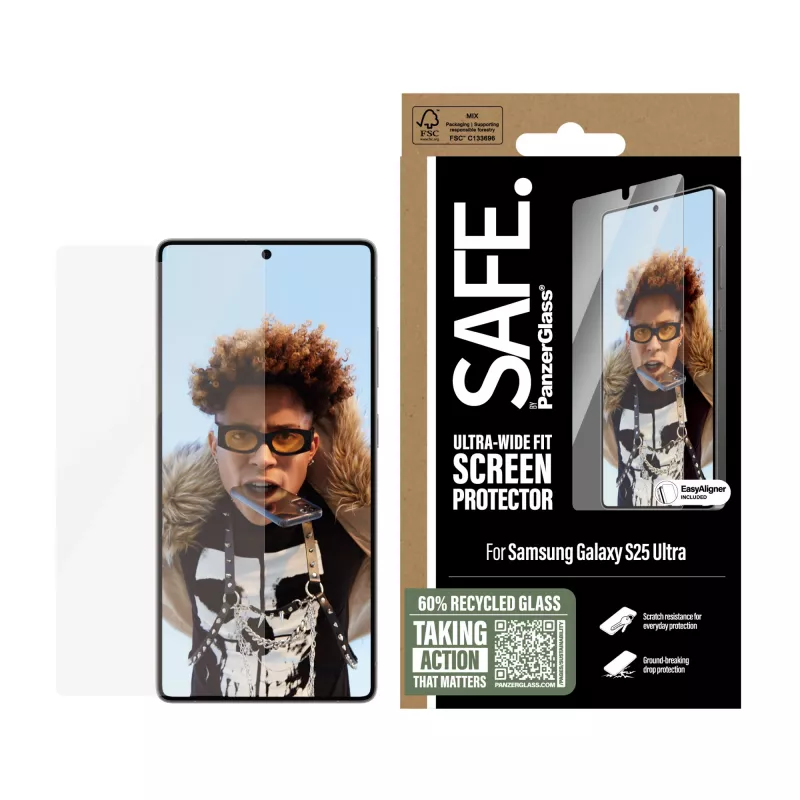 PanzerGlass SAFE. apsauginis stiklas Samsung Galaxy S25 Ultra | Itin platus prigludimas su EasyAligner