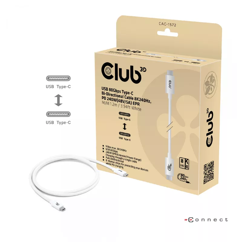 CLUB3D USB 80Gbps sertifikuotas 240W 8K240Hz Type-C® 1,2m juodas laidas