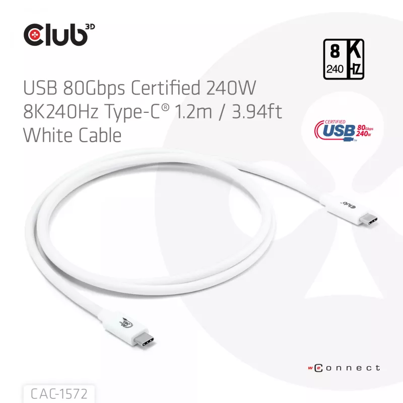 CLUB3D USB 80Gbps sertifikuotas 240W 8K240Hz Type-C® 1,2m juodas laidas