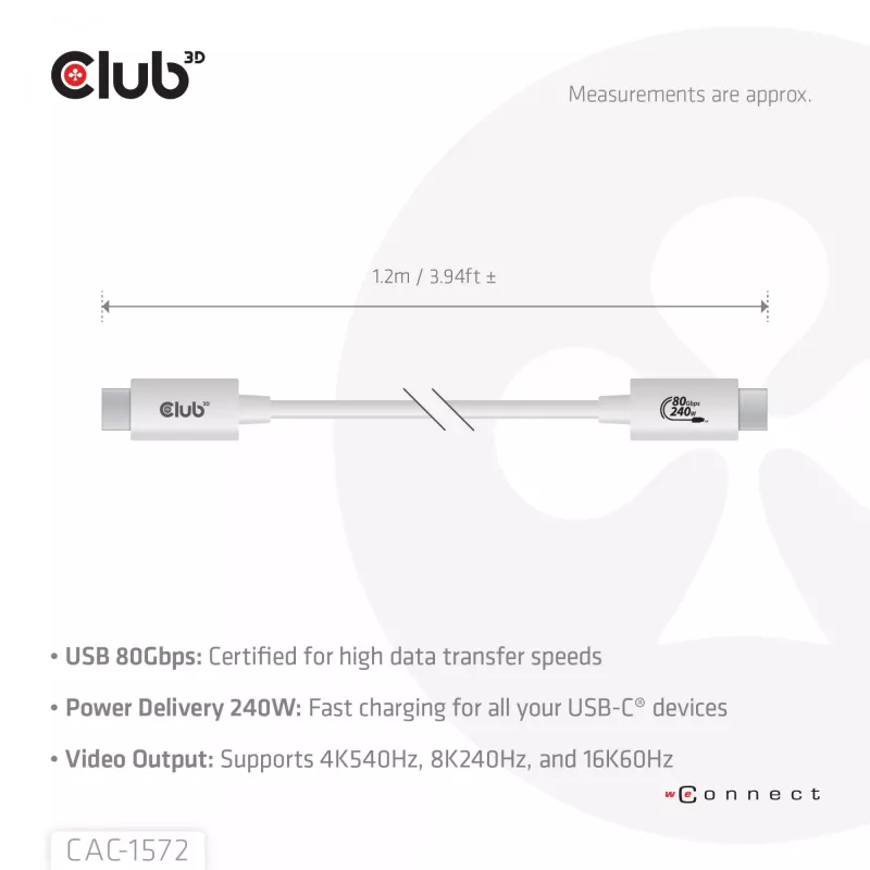 CLUB3D USB 80Gbps sertifikuotas 240W 8K240Hz Type-C® 1,2m juodas laidas
