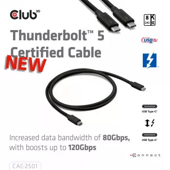 CLUB3D Thunderbolt™ 5 sertifikuotas 8K240Hz duomenų 80/120 Gbps EPR 240 vatų laidas M/M 1m / 3.28ft