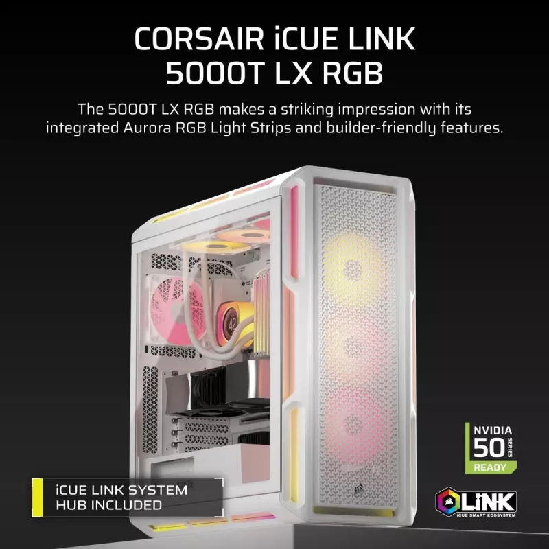 CORSAIR kompiuterio korpusas 5000T LX RGB (grūdintas stiklas) baltas