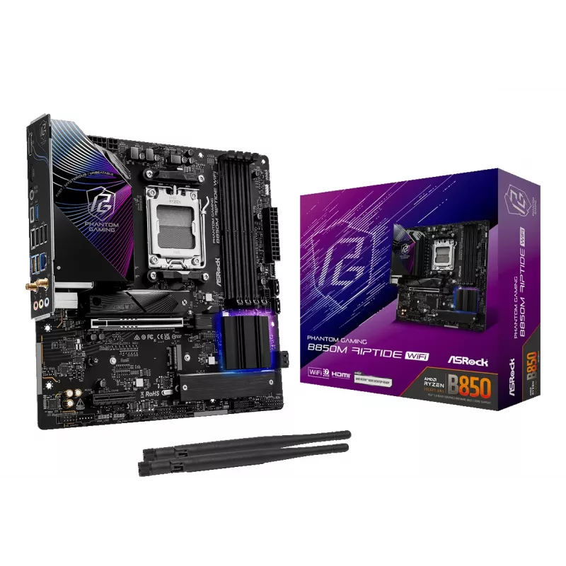 ASRock B850M Riptide WiFi pagrindinė plokštė AM5 AMD B850 4x DDR5 1x HDMI 2.1 TMDS/FRL 8G 1x DisplayPort 1.4 su DSC mATX