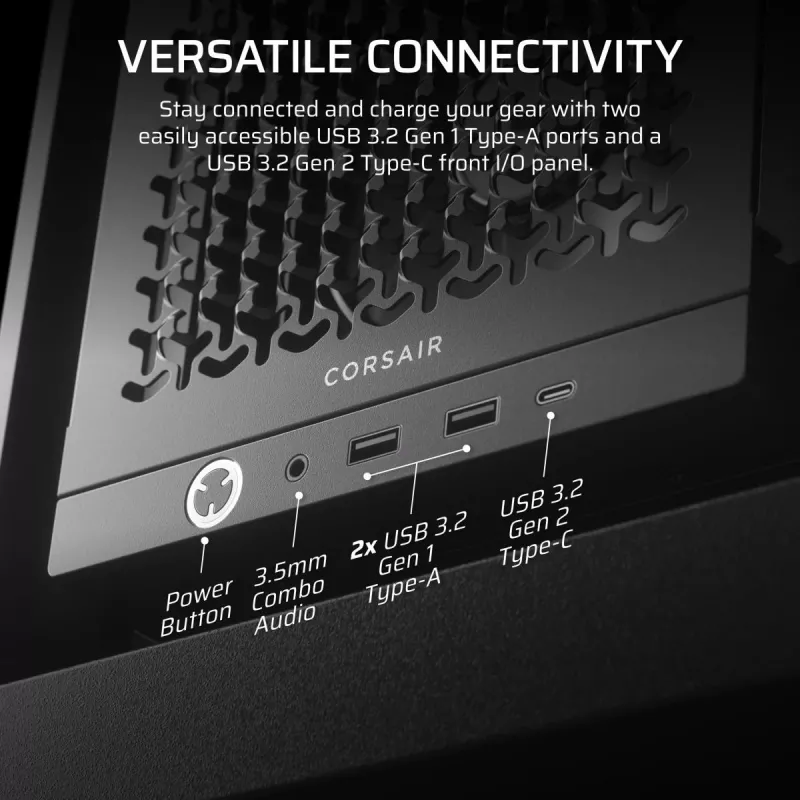 PC korpusas CORSAIR FRAME 4000D RS Midi Tower — juodas, EATX, grūdintas stiklas, USB-C, 3×120 mm priekiniai ventiliatoriai