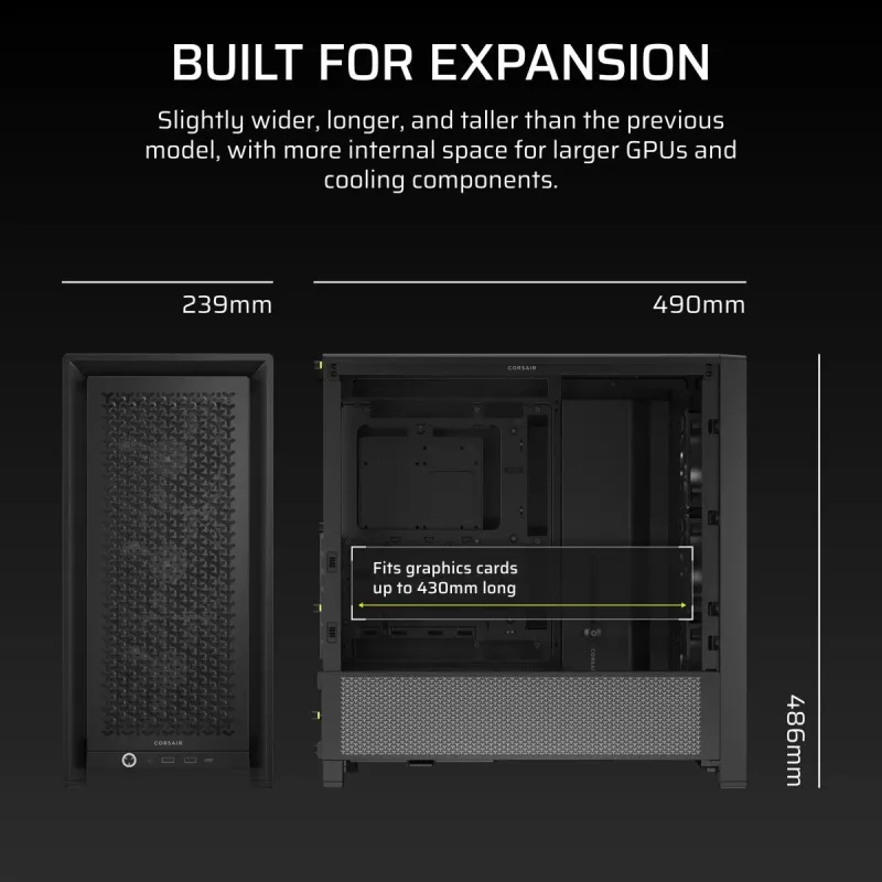 PC korpusas CORSAIR FRAME 4000D RS Midi Tower — juodas, EATX, grūdintas stiklas, USB-C, 3×120 mm priekiniai ventiliatoriai