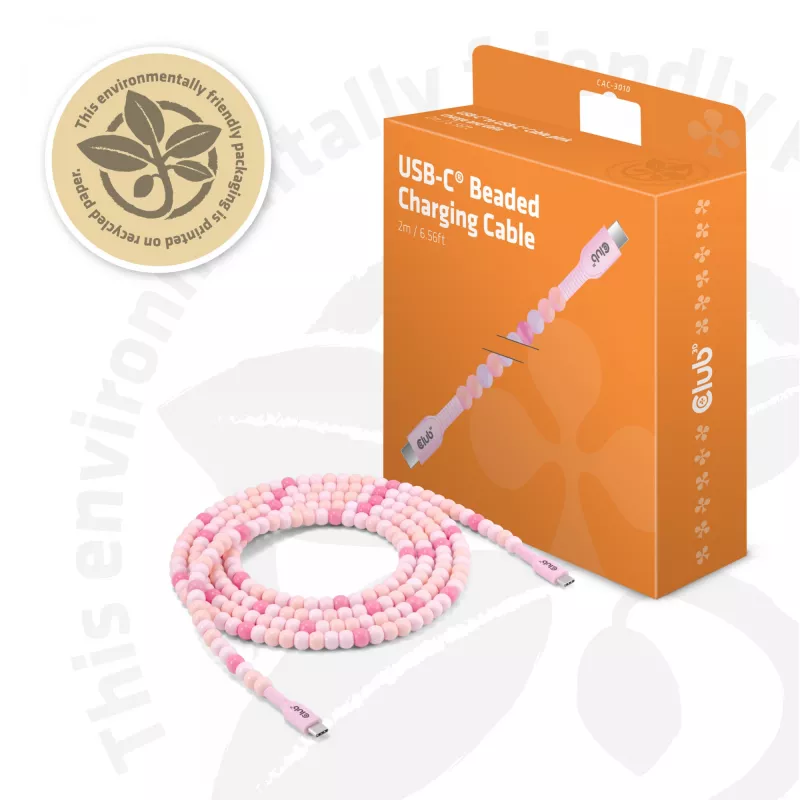 CLUB3D USB-C® karoliukų laidas rožinis, 2 m, USB C, USB C, 0.48 Gbit/s, rožinė