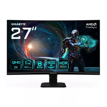 Gigabyte GS27QCA 27 colių QHD lenktas žaidimų monitorius, 2560 x 1440, VA, 180 Hz, 1 ms, 250 cd/m², 2x HDMI, DisplayPort, juodas