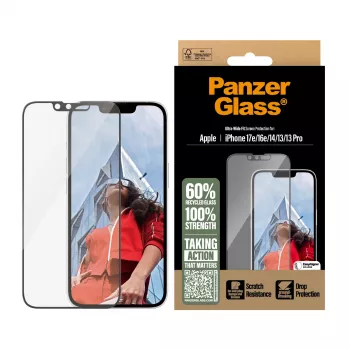 PanzerGlass® apsauginis stiklas iPhone 17e | 16e | 14 | 13 | 13 Pro | Ultra-Wide Fit su EasyAligner